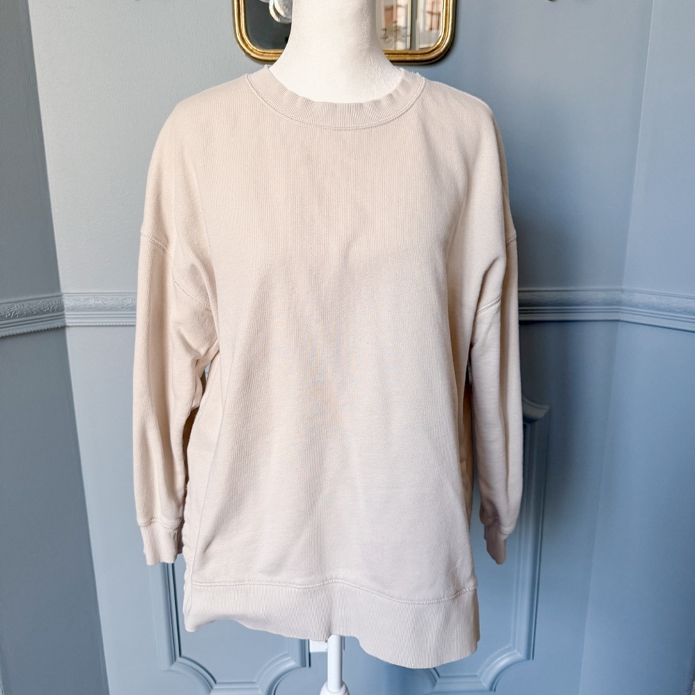 Tan cream neutral tunic length legging friendly sweatshirt